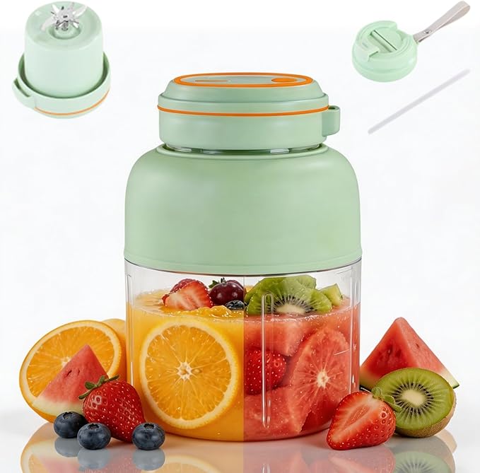 Portable Wireless Juicer Cup, 45oz Extra Large Capacity, 1300 mAh Battery Offers Extremely Long Battery Life, Dual Lid Compact Travel Drinking Cup for Office Outdoor, Picnic (PP-Green)
