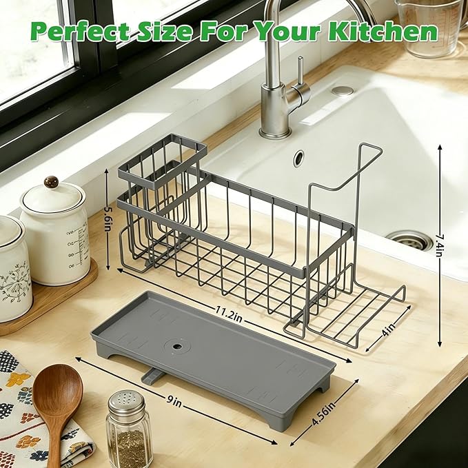 Sponge Holder for Kitchen Sink, Sink Caddy Organizer with Detachable Cloth & Brush Holder, Self-Draining Sponge Caddy Organizer with 360° Rotatable Spout, Kitchen Countertop Storage Accessories(Gray)