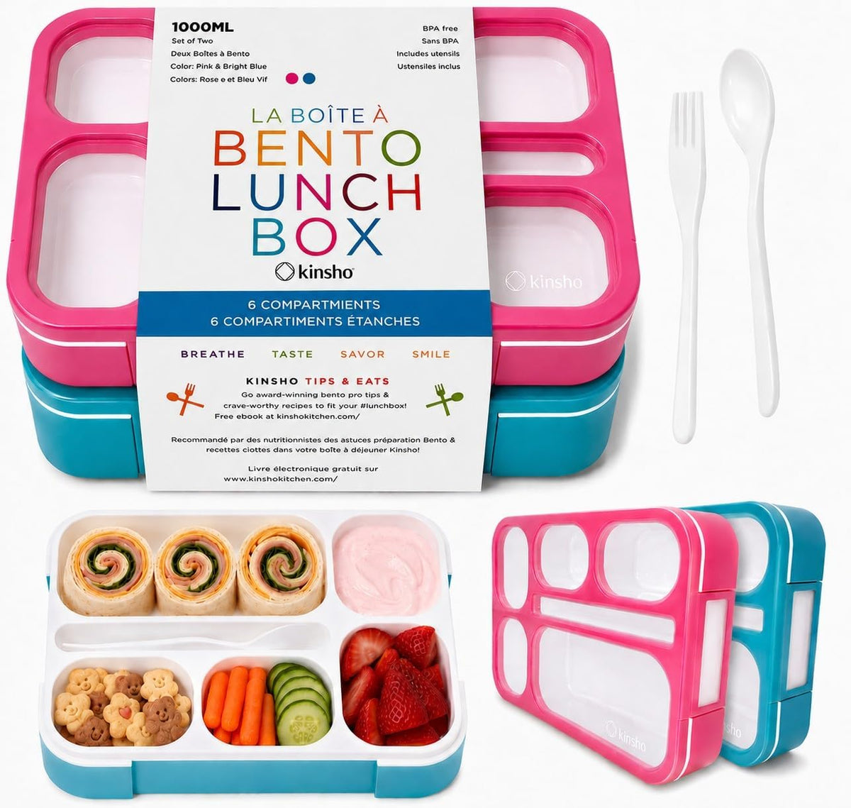 Bento Lunch Box Containers for Kids, Adults, Set of 2 (Pink & Blue)