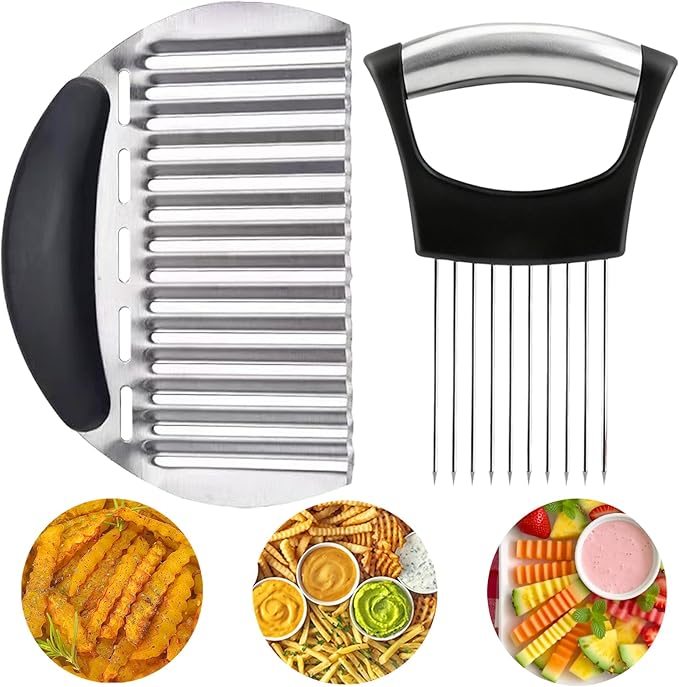 Hendiy Onion Holder for Slicing and Large Crinkle Cutter French Fry Cutter, Onion Slicer Veggie Chopper, Tomato Slicers Potato Wavy Chopper, Kitchen Food Slicer（One Onion Slicers & One Potato Cutter）
