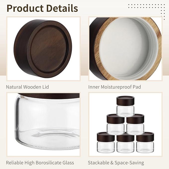 6 Pack Glass Spice Jars, Small Glass Canisters with Wooden Lids, 3.7 oz Stackable Airtight Glass Jars for Spices Snacks Overnight Oats, Clear Storage Containers for Pantry Shelves Kitchen