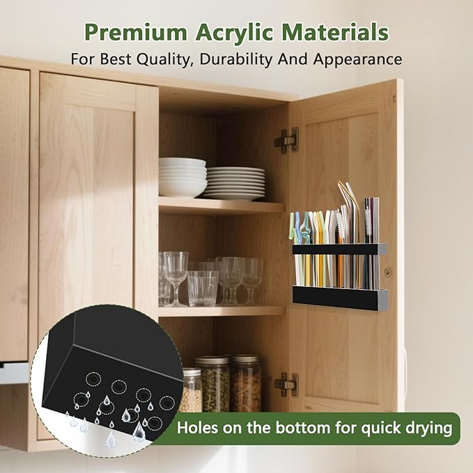 Malldii 9.5" Large Acrylic Straw Holder for Cabinet Door - Reusable Tumbler Straw Organizer Storage, Small Kitchen Accessories Container, Ultra Sticky Cupboard Door Mounted (Black)