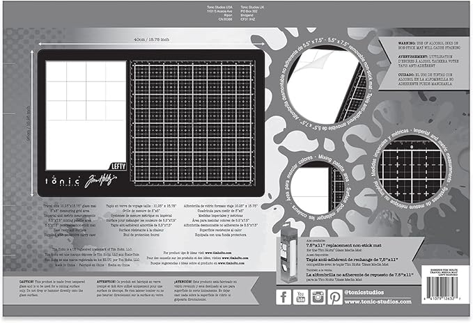 Tim Holtz Travel Glass Cutting Mat - Left Handed Portable Work Surface with 8x8 Measuring Grid and Palette for Mixed Media - Art Supplies with Carry Case