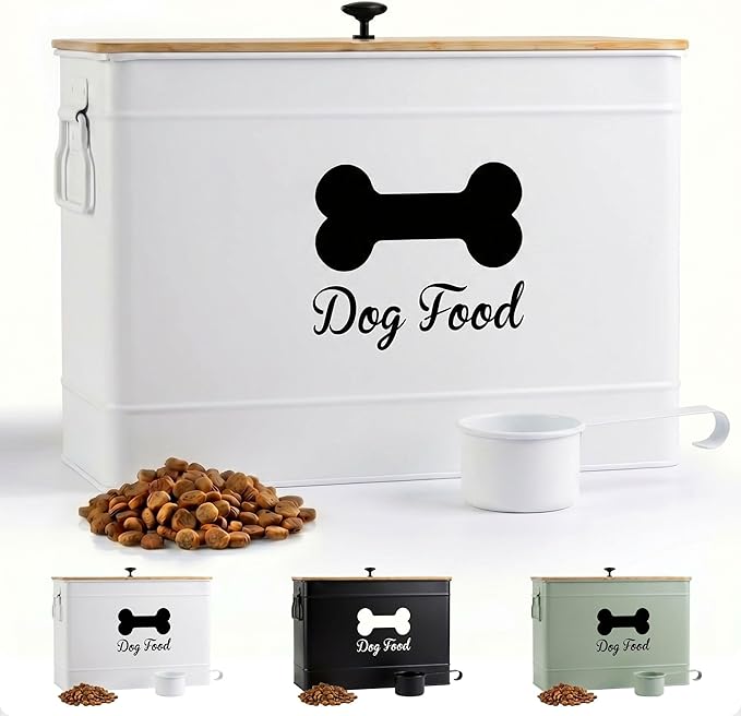 Dog Food Container Airtight 15-20 lb (70 Cup) Capacity with Metal Scoop - Cute Airtight Dog Food Storage Container with Bamboo Lid - White Metal Kibble Storage Bin for Dogs up to 100 lbs - Big Pet Jar