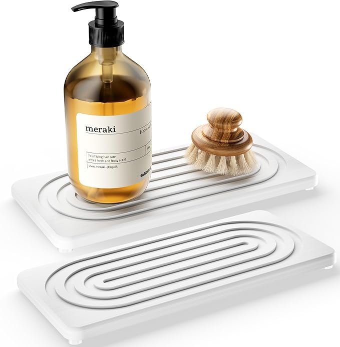Water Absorbing Stone Tray, Quick Drying Diatomite Bathroom Tray Countertop, Stone Drying Mat for Kitchen Counter, Soap Dish Dispenser Vanity Organizer, White-A-9.8" x 4"