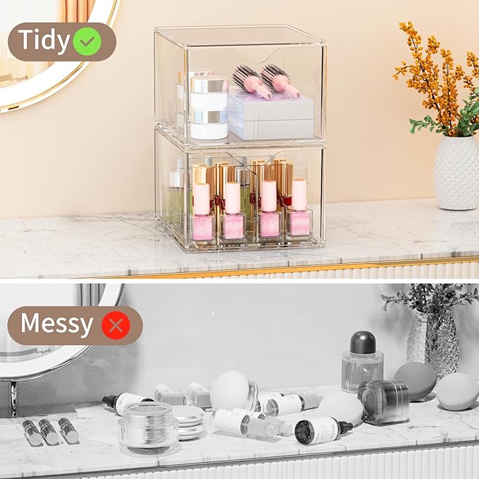 2 PCS Clear Stackable Storage Drawers with Adjustable Dividers, 6 Compartments Plastic Tea Bag Organizers, Acrylic Food Storage Bins for Pantry, Kitchen Cabinet, Fridge, Sugar & Spice Packets, Snacks