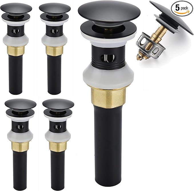 Rockgoya Bathroom Sink Drain,5 Pack Drain Stopper Bathroom Sink with Overflow,Pop Up Drain Assembly with Detachable Strainer Basket,Built-in Anti-Clogging Strainer,Stainless Steel Mattle Black