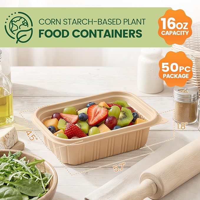 100 Piece (50 Pack) Meal Prep Containers with Lids, 16 oz Cornstarch Small Food Storage Containers Plant-based Lunch Box for Salad, BPA Free Plastic Disposable Take Out Boxes Microwave & Freezer Safe