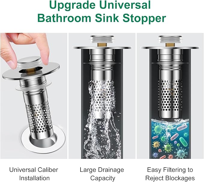 Bathroom Sink Drain Strainer,Universal Pop-Up Sink Stopper Hair Catcher, Anti-Clog Stainless Steel Drain Filter Basket, Removable Sink Drain for Bathroom Sink Stopper