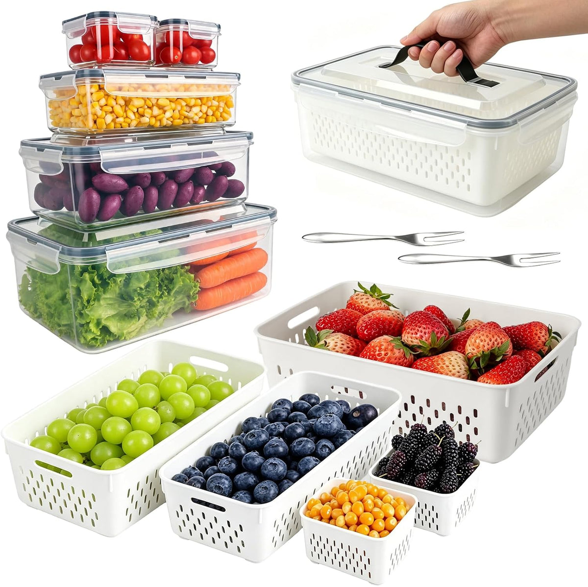 5-Pack Fruit Storage Containers for Fridge with Removable Colanders & Lids