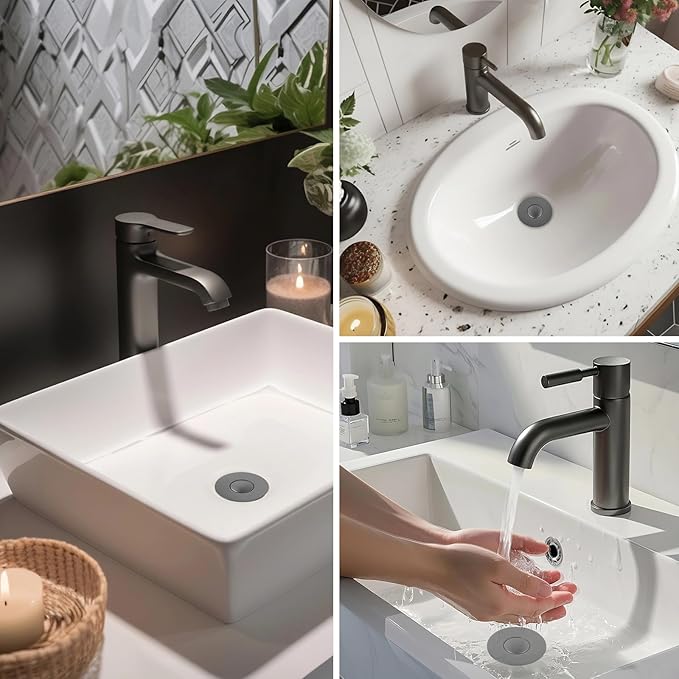 Hibbent 2 Pack 3 in 1 Bathroom Sink Drain Strainer, Universal Pop Up Stopper with Removable Stainless Steel Filter Basket Hair Catcher, Sink Plug for 1.1''~2.36'' Basin, Brass Bullet Core, Grey