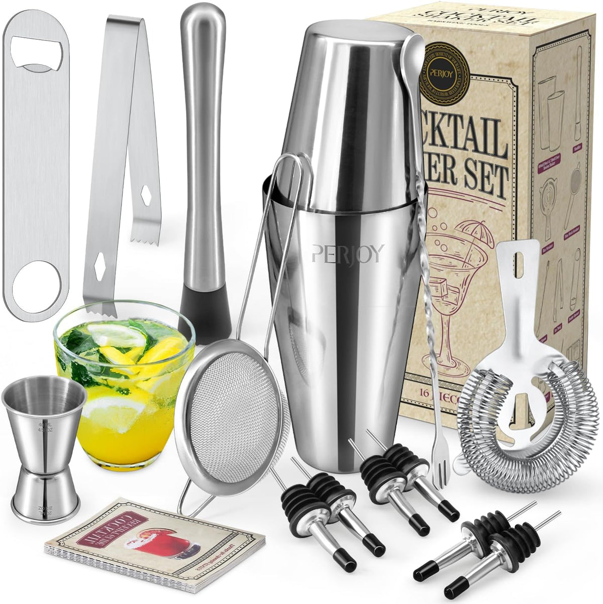 Cocktail Shaker Set, 16 Piece Bartender Kit, Cocktail Shaker, Stainless Steel Bar Set Accessories, Coktail Set, Boston Shaker, Drink Mixer Shaker, Bartending Bar Tools with Muddler Spoon Jigger