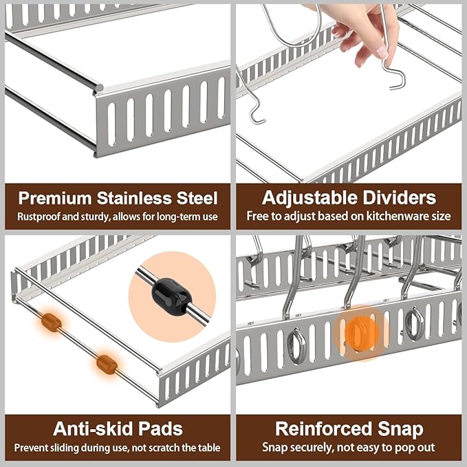 Housolution 2 Pack Pot and Pan Organizer, 12"-23" Expandable Pot Lid Organizer with 14 Adjustable Dividers, Pan Lid Holder Storage Rack for Cabinet, Silver