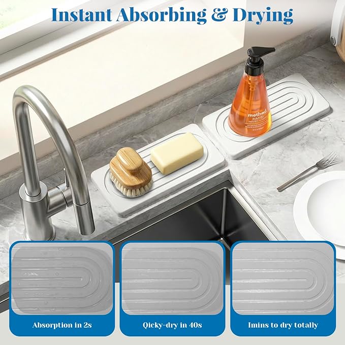 Water Absorbing Stone Tray, Bathroom Kitchen Soap Tray, Stone Drying Mat for Kitchen Counter Faucet, Vanity Sink Caddy Bar Coaster, Countertop Fast Drying Counter Trays, Diatomite Stone Sink Trays