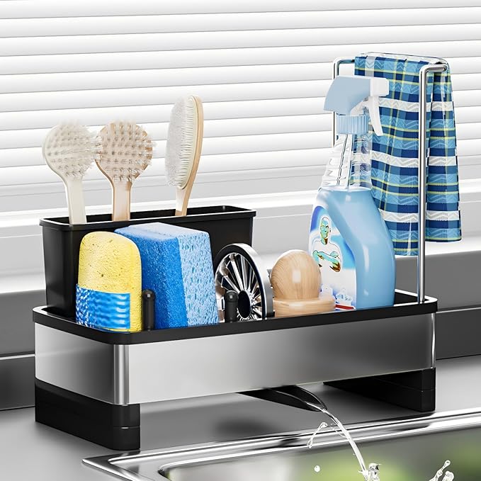 Ewaiira Stainless Steel Sink Caddy, Sponge Holder for Kitchen Sink with Brush Holder and Towel Rack, Sink Organizer for Countertop, Soap Dispenser Kitchen Organizers Storage Essentials (A-Black)