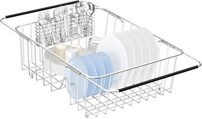 Large Dish Drying Rack in Sink Expandable, Adjustable304 Stainless Steel Metal Dish DrainerRack Organizer with Stainless Steel Utensil Holder Over Inside Sink Counter, Rustproof