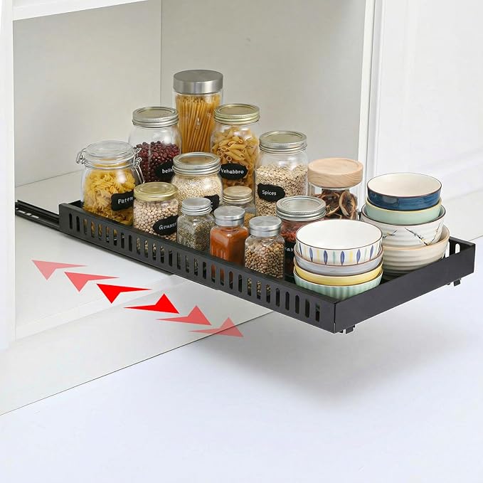 2 Pack Pull-Out Pots and Pans Organizer Under Cabinet, Slide-Out Pot Lid Holder with 8 Adjustable Dividers, No-Drill Adhesive Kitchen Cabinet Storage Rack (Black)