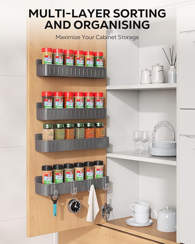 Nieifi Spice Rack Wall Mount, Spice Organizer for Spice Jars, Screw or Adhesive Hanging Organizer for Kitchen Cabinet or Pantry Door, 4 Pack, Grey, ABS Plastic