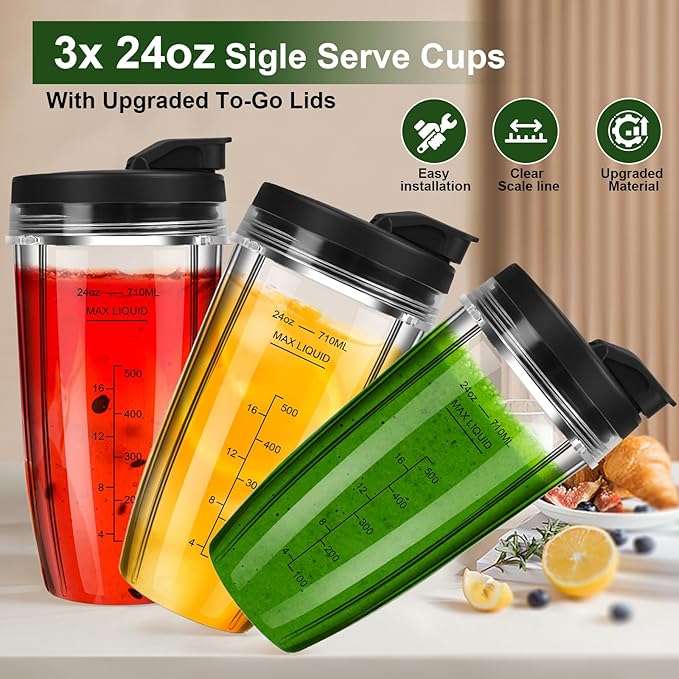 Blender Cups Replacement for Ninja, 24oz Ninja Blender Cups with To-Go Lids Compatible with Ninja BN401, BL450, BL456, BL480, BL2012, BL2013, BN751, BN801, SS101, SS151 (3 Pack)
