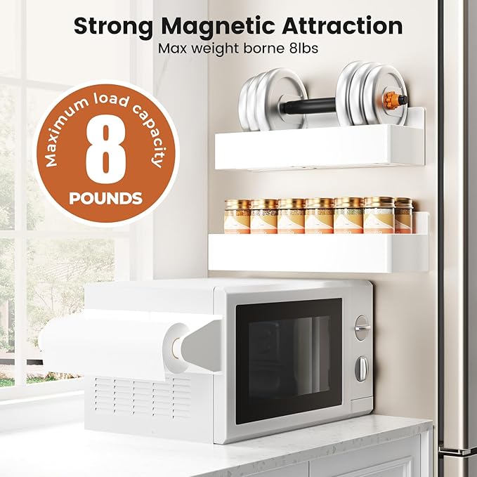 Mystozer Magnetic Spice Rack for Refrigerator,2 Pack Magnetic Shelf and 1Pack Paper Towel Holder and 1 Pack Utensils Rack,Fridge Organizers and Storage White(4 Pack)