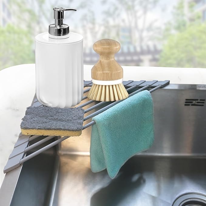 Corner Sink Caddy Kitchen Sink Organizer, Silicone Wrapped Triangle Roll Up Dish Drying Rack Over Sink Drainer Mat, Anti-Slip Sponge Holder Corner Shelf for RV Kitchen Sink Accessories Counter Storage