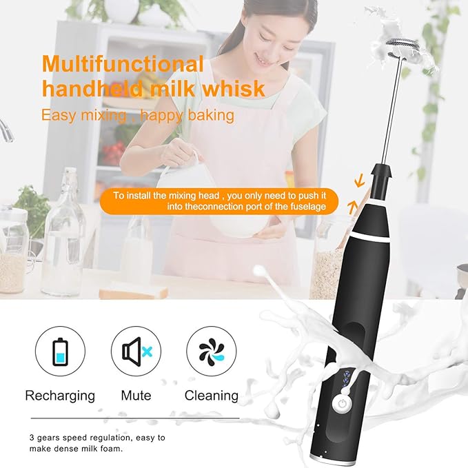 Milk Frother Handheld, Gbivbe Rechargeable Whisk Drink Mixer for Coffee with Art Stencils, Coffee Mixer for Cappuccino, Hot Chocolate Match, Frappe, Hot Chocolate, Egg Whisk