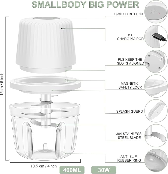 400ML Electric Garlic Chopper, 6 Blades Garlic Grinder Mini Vegetable Chopper, USB Portable Veggie Chopper, Onion Mincer, Food Processor for Ginger, Chili, Fruit, Meat