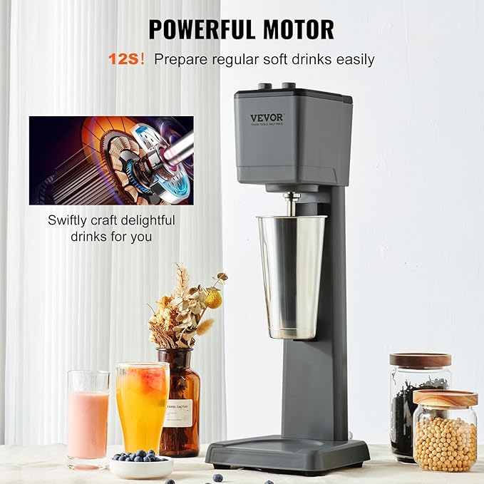 VEVOR Milkshake Machine, 375W Milkshake Maker Mixer, Single Head Drink Mixer Blender Machine, 3-Speed Milkshake Blender with 820ml Stainless Steel Cup for Commercial