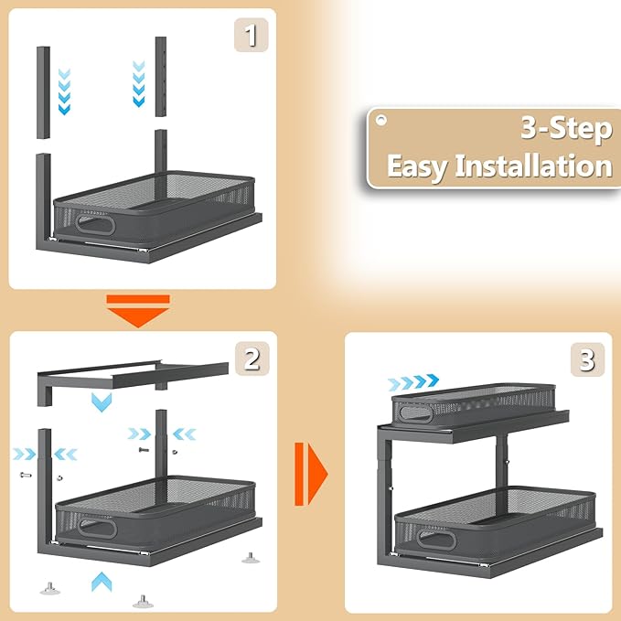 2-Pack 18.5 IN Depth Under Sink Organizer With Next-Gen Ball-Bearing Slides,Sophisticated Mesh 2-Tier Pull Out Shelf for Kitchen & Bathroom,Fits Small Items-Gun Gray
