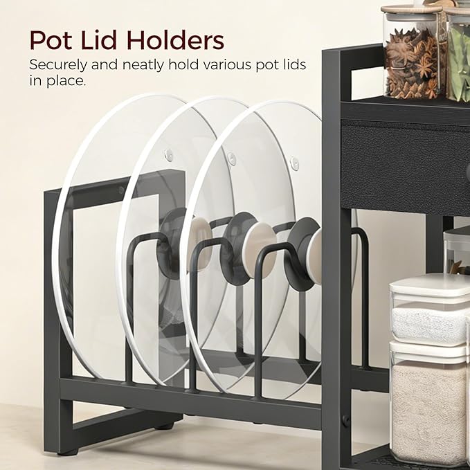 MAHANCRIS Countertop Shelf Organizer, Pots and Pans Organizer Rack, Pot Lid Holder with 1 Drawer, Pot Lid Organizer Holder with 2 Hooks, for Kitchen, Dining Room, Black POBK2201