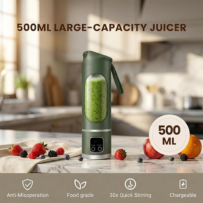 Portable Personal Electric Blender，500ML Portable Shakes and Smoothies Blender，12 Blades USB Rechargeable Small Blenders、Mixing、Compact、Convenient and Versatile (Green)
