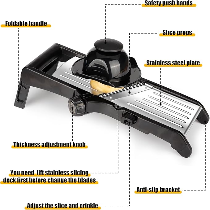 Mandoline Food slicer for kitchen, Adjustable Stainless Steel Mandoline Vegetable slicer, Food slicer Onion Potato Chip French Fry, 7 in-1 Adjustable Blade, Including 1 Pair of Gloves