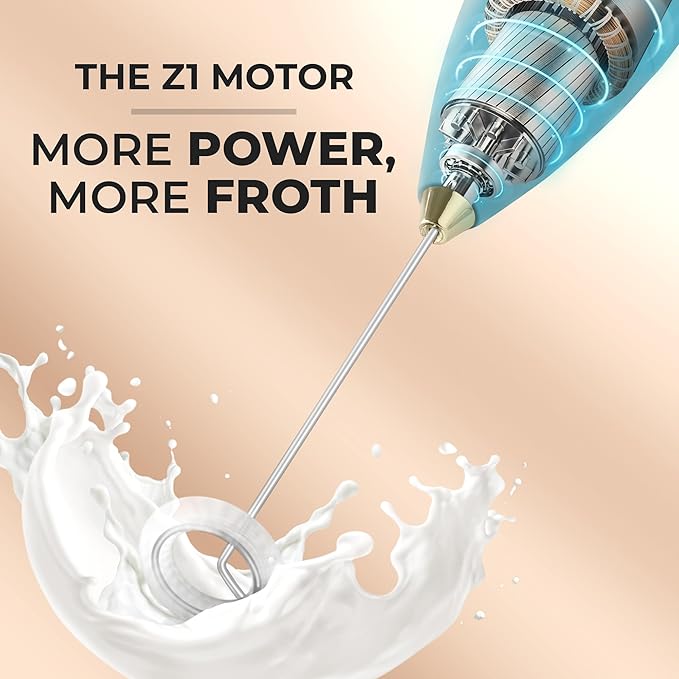 Zulay Kitchen Powerful Milk Frother Wand With Duracell Batteries - Ultra Fast Handheld Drink Mixer - Electric Whisk Foam Maker for Coffee, Lattes, Cappuccino & Matcha - Z1 Motor - Lake Gold