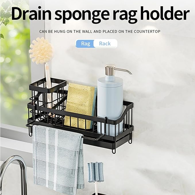 Sponge Holder for Kitchen Sink, Sink Caddy with Brush Holder, Soap Dispenser for Kitchen Organizers, Rustproof and Non-Slip, Suspension or Floor-Standing, Matte Black
