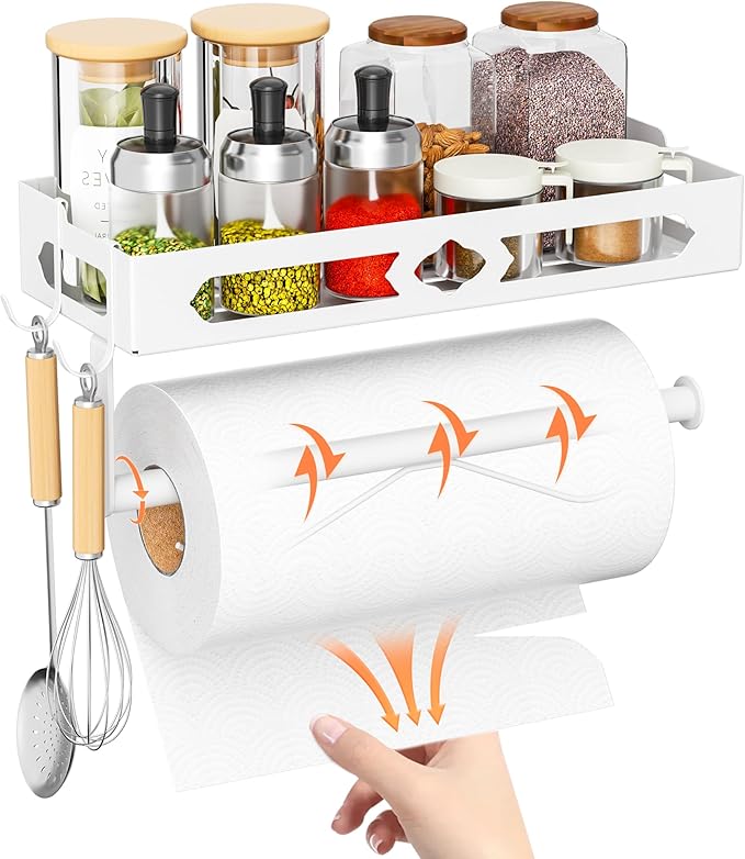 Paper Towel Holder with Shelf, One Hand Tear, Paper Towel Holder Wall Mount with 2 Detachable Hooks for Kitchen, Bathroom, White