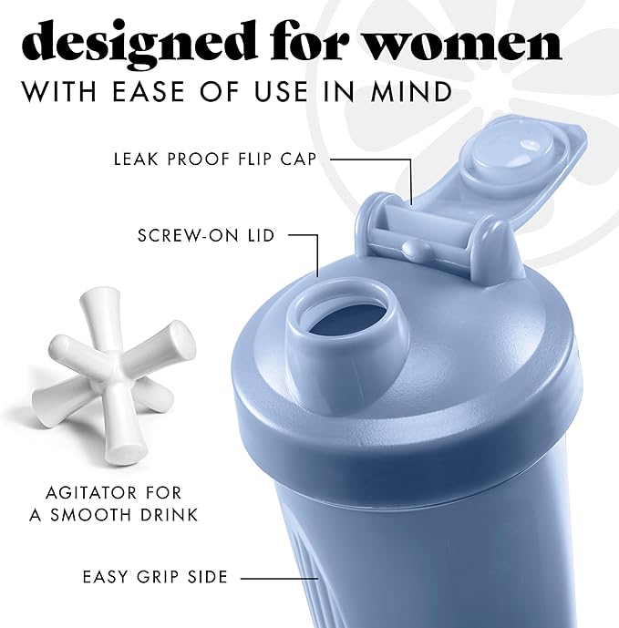 Fit & Fresh Shaker Bottle, Leak Proof Sports Blender Bottle Easy to Clean, Durable Protein Shaker Cup 24 oz.with Unique Agitator for Smooth Mixing, Cornflower Blue