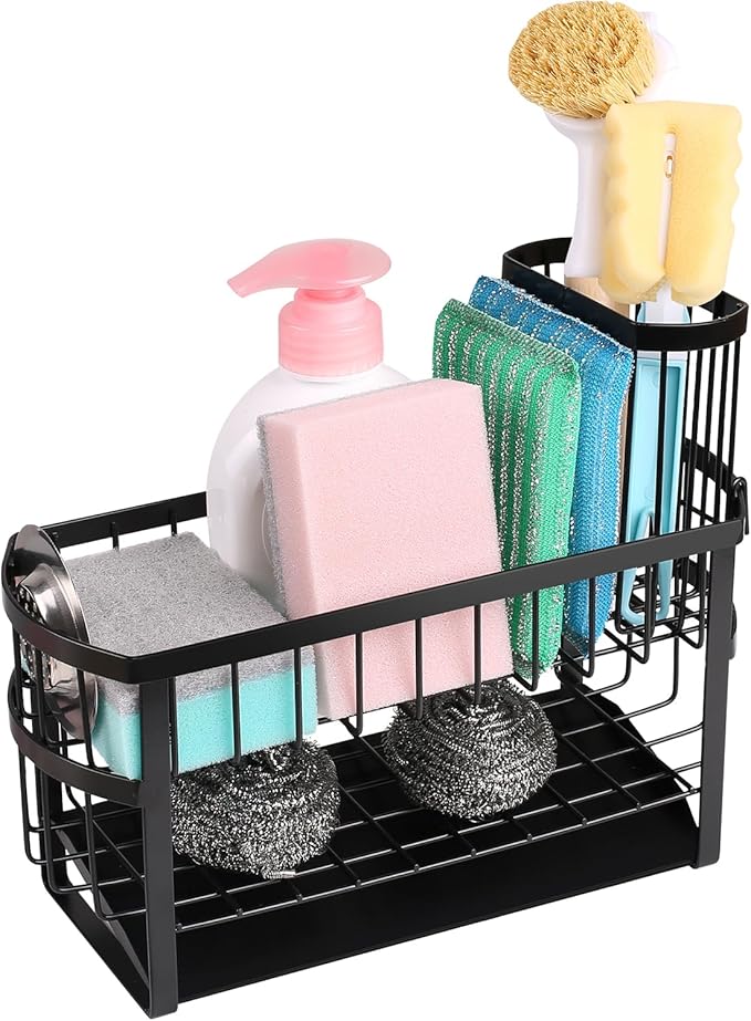 Kitchen Sink Organizer Rack,2-Tier Sink Caddy with Holder for Pot Brush,Oval Sink Organizer for Sponge