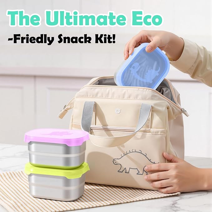 Tanjiae 3×8oz Small Stainless Steel Snack Containers - 230mL Leakproof Food Containers with Cute Dino Lids | LFGB Certified, Stackable Metal Snack Box for Home, Office, Travel