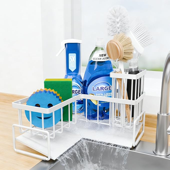 Fikoksol Large Sponge Holder for Kitchen Sink, 90-Degree Sink Caddy Organizer with Dish Brush Holder for Countertop Corner Storage Rack, White Metal L Kitchen Sink Sponge Soap Organizer Storage Ideas