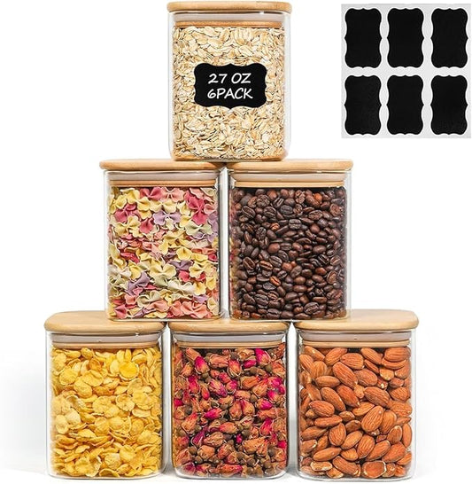 0.8 Qt Glass Food Storage Jars Set of 6, Canister Set for Kitchen