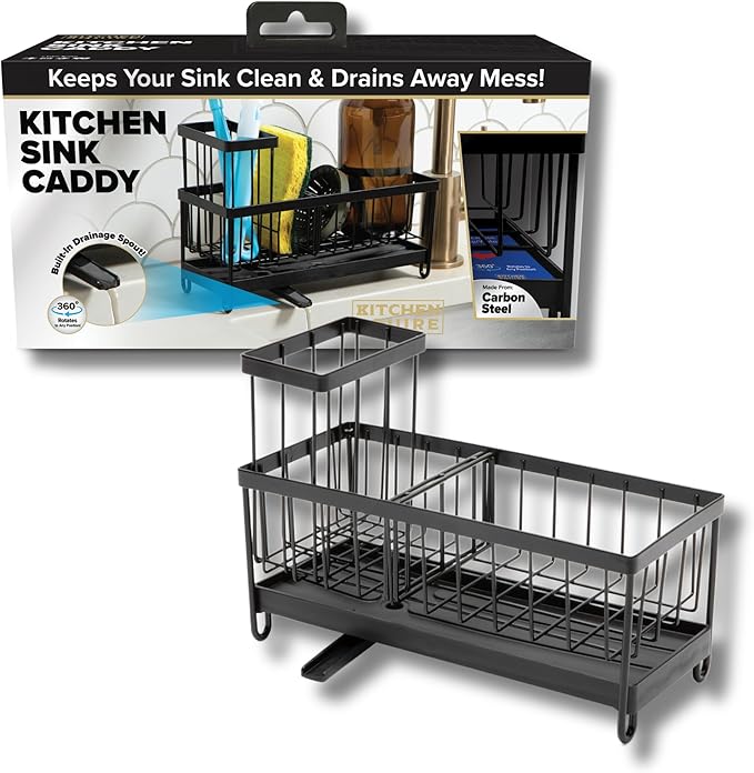 Sink Caddy & Organizer | Premium Rust-Proof Carbon Steel Sponge Holder with 360° Rotating Drainage Spout | Keeps Countertop Dry & Organized (Black)
