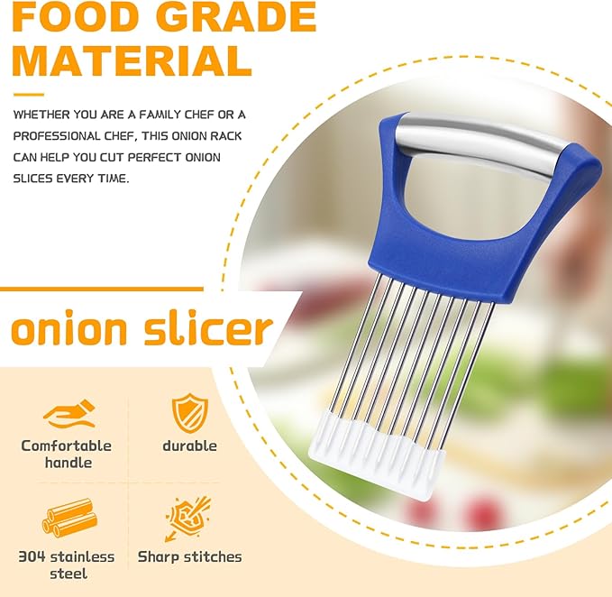 Stainless Steel Onion Holder for Slicing,Onion Slicer Holder, Onion Cutter for Slicing of Onions, Tomatoes,Avocados,Eggs and Other Vegetables, Kitchen Utensils Gift (Blue)