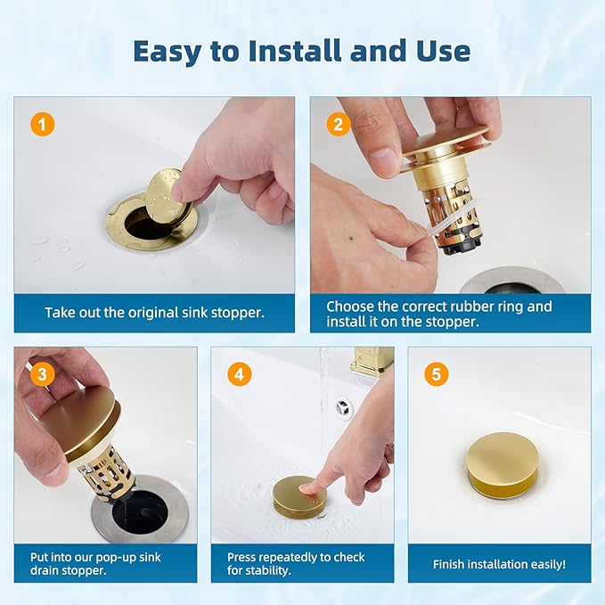 Hibbent Upgraded 3 in 1 Bathroom Sink Drain Strainer, Pop Up Sink Stopper with Big Push Cap, Anti-Clogging Metal Filter Basket,Sink Plug with Hair Catcher for 1.1''~2.36'' Basin, Brushed Gold