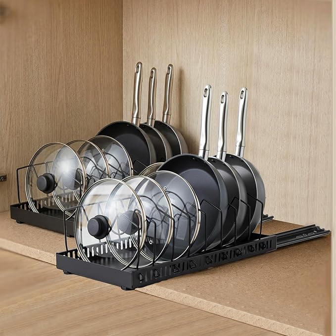2 Pack Pull-Out Pots and Pans Organizer Under Cabinet, Slide-Out Pot Lid Holder with 8 Adjustable Dividers, No-Drill Adhesive Kitchen Cabinet Storage Rack (Black)