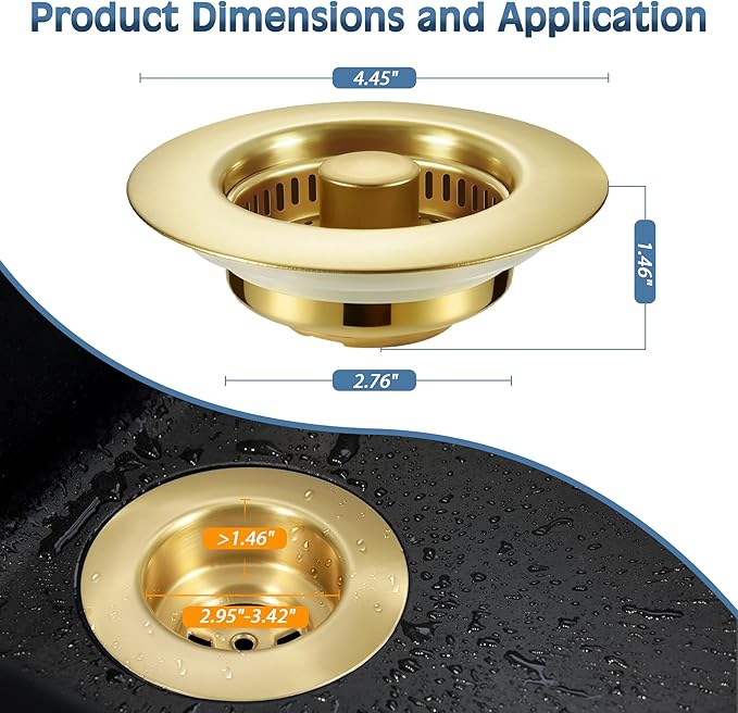 Kitchen Sink Drain Strainer 2 Pack, 304 Stainless Steel Pop Up Sink Stopper, Anti-Clogging Sink Drain Strainer for US Standard Kitchen Drain (Gold)
