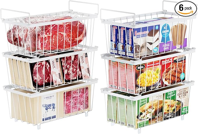 iSPECLE Chest Freezer Organizer Bins - Fits 7 Cu.Ft Deep Freezer, 6 Pack Stackable Wire Baskets(14.7" Length), Heavy Duty Coated Freezer Organizer, Rust Resistant for Frozen Food Sorting, White