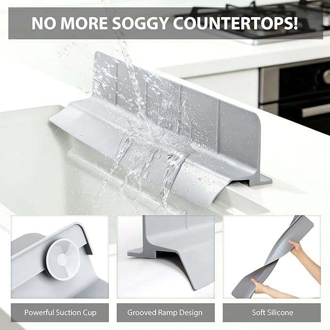 23Inch Sink Splash Guard – Extended Length & Tall Silicone Kitchen Sink Splash Guard with Overhang Drainage Design, High Splash Wall & Strong Suction Cups for Countertop (Grey, 23''x3.5'')