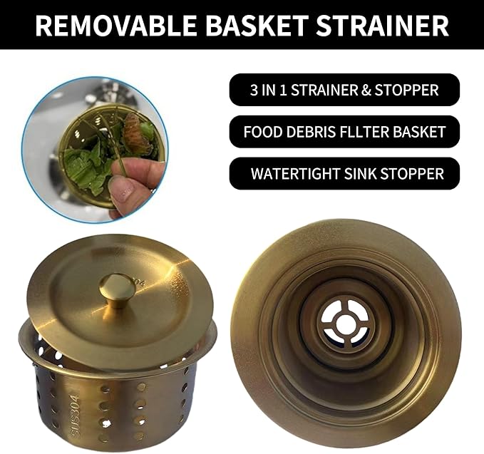 Sink Strainer Kitchen Sink Drain Assembly Kit 3-1/2 Inch with Kitchen Sink Drain Basket,304 Stainless Steel Sink Stopper & Cover Lid，Stainless Steel Gold Color