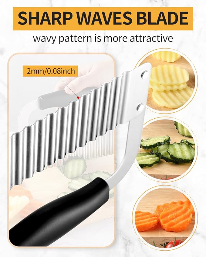 Crinkle Cutter Stainless Steel Potato Slicer Heavy Duty Wavy Crinkle Cutting Chopping Tools with Wooden Handle for Carrot Veggies (1, Black)