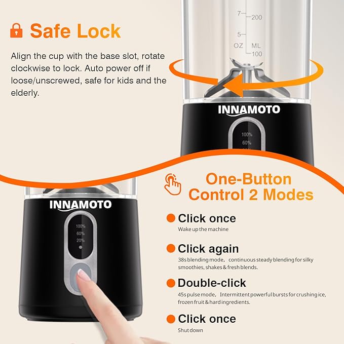 Portable Personal Size Blender for Smoothies - Cordless Mini Blender with 20oz BPA-Free Juice Cup & Leak-proof Travel Lid, Type-C Rechargeable Freshly Squeezed in Outside/Office/Gym